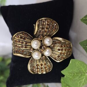 Vintage Gold with Pearls and Topaz Color Rhinestones Flower Brooch Pin